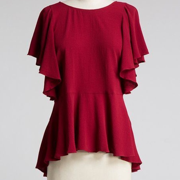 Soprano Tops - Burgundy Ruffle-Sleeve Peplum Top